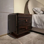 Striped Natural Wood Veneer Nightstand with Burl Top & Rose Gold Accents